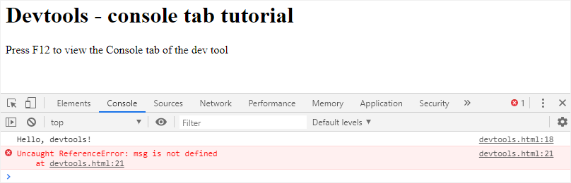 Log messages in the Console, DevTools